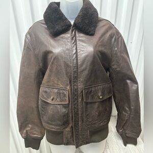 Vintage Structure Men's Brown Leather Bomber Jacket with Black Collar